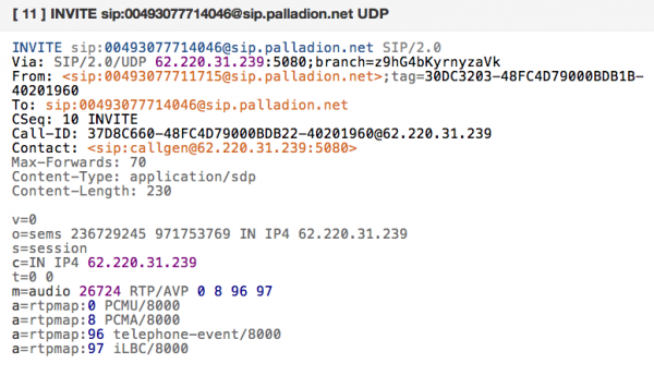 Example: SIP INVITE message with SDP header - Important message details are marked by distinct colors (feature syntax highlighting)